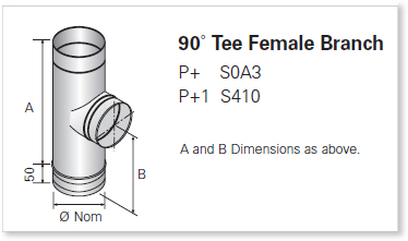 Single Wall (Single Skin) Stainless Steel Flue, Tees, 90 Degree Tee Female Branch