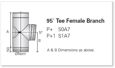 Single Wall (Single Skin) Stainless Steel Flue, Tees, 95 Degree Tee Female Branch